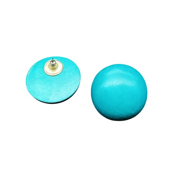 Vintage Teal Button Stud Earrings Minimalist 1980s Style Lightweight Wooden - Picture 4 of 4
